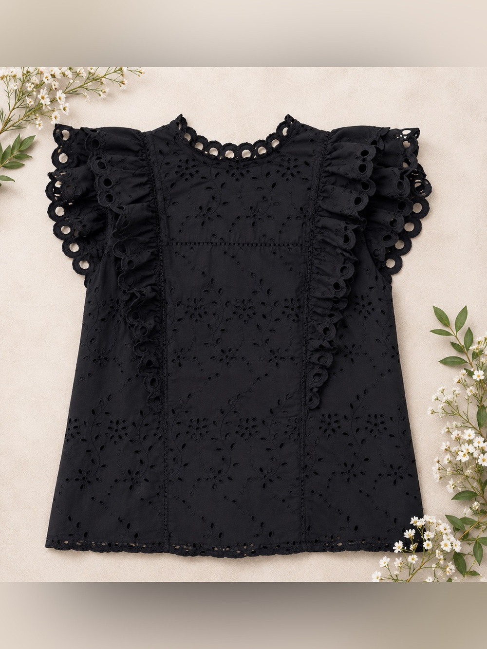 Express Boutique Style Black Eyelet Blouse with Ruffle Sleeves/Details